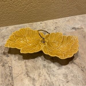 Vintage Retro USA pottery two sided tray serving dish trinket yellow leaf gold